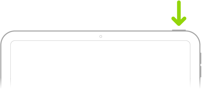 Zielona strzałka wskazująca przycisk znajdujący się po prawej stronie, w górnej części iPada.