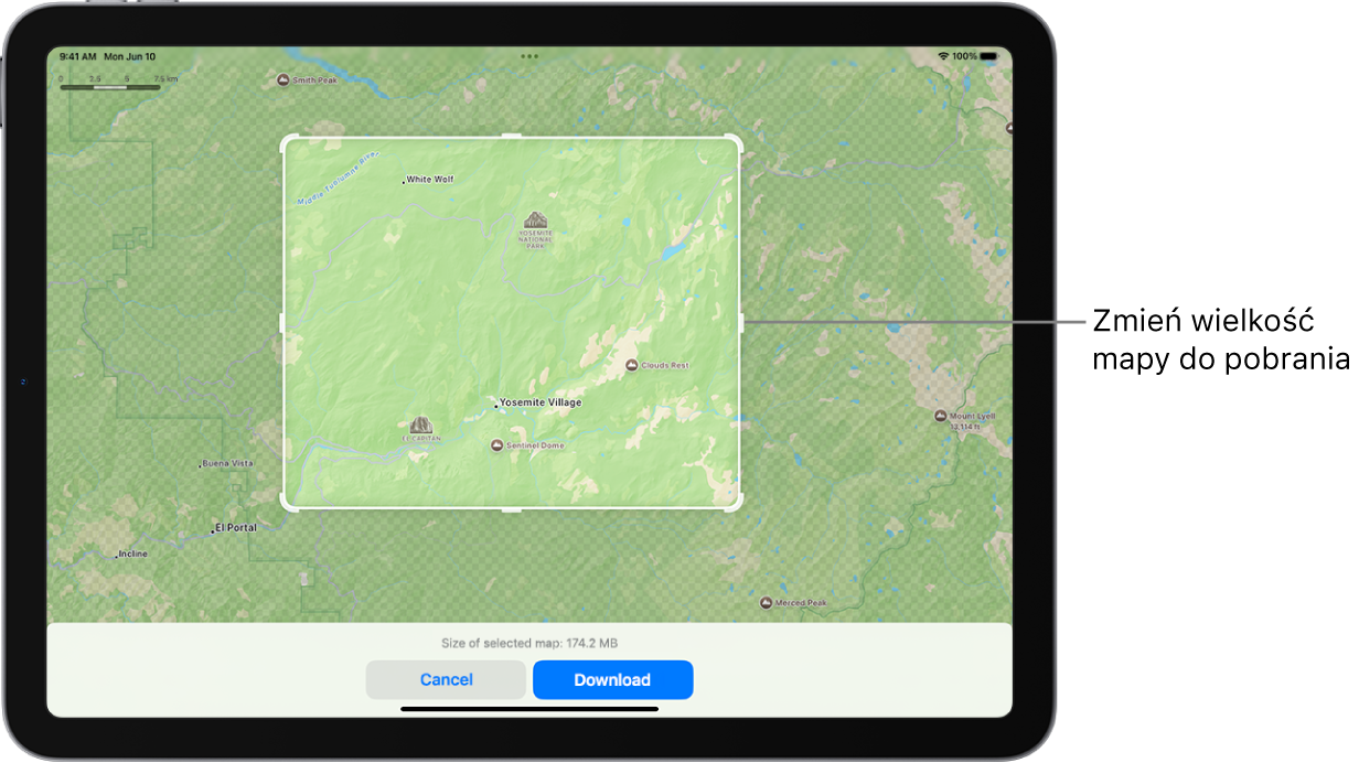 iPad wyświetlający mapę parku narodowego. Park otoczony jest prostokątem z uchwytami. Uchwyty te można przesunąć, aby zmienić wielkość mapy do pobrania. Wielkość mapy do pobrania wyświetlana jest na dole mapy. Na dole ekranu znajdują się przyciski Anuluj oraz Pobierz.