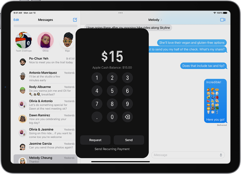 Conversa do iMessage, com o app Apple Pay aberto na parte inferior.