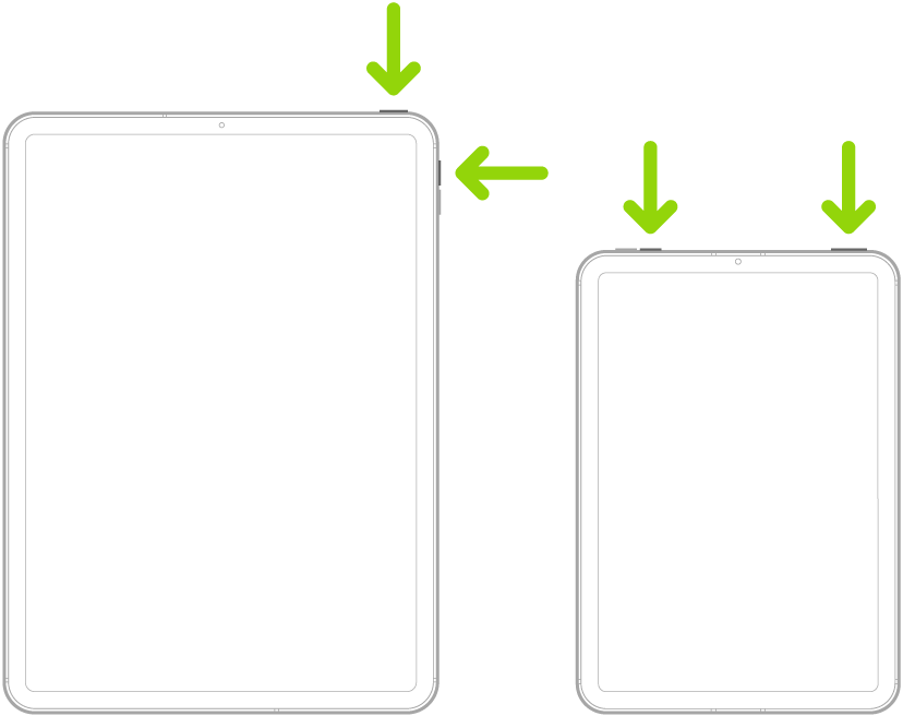 Dois modelos de iPad. Os dois modelos de iPad têm um botão superior; um dos modelos de iPad tem botões de volume na lateral e o outro tem botões de volume na parte superior. Setas apontam para o botão superior e os botões de volume.