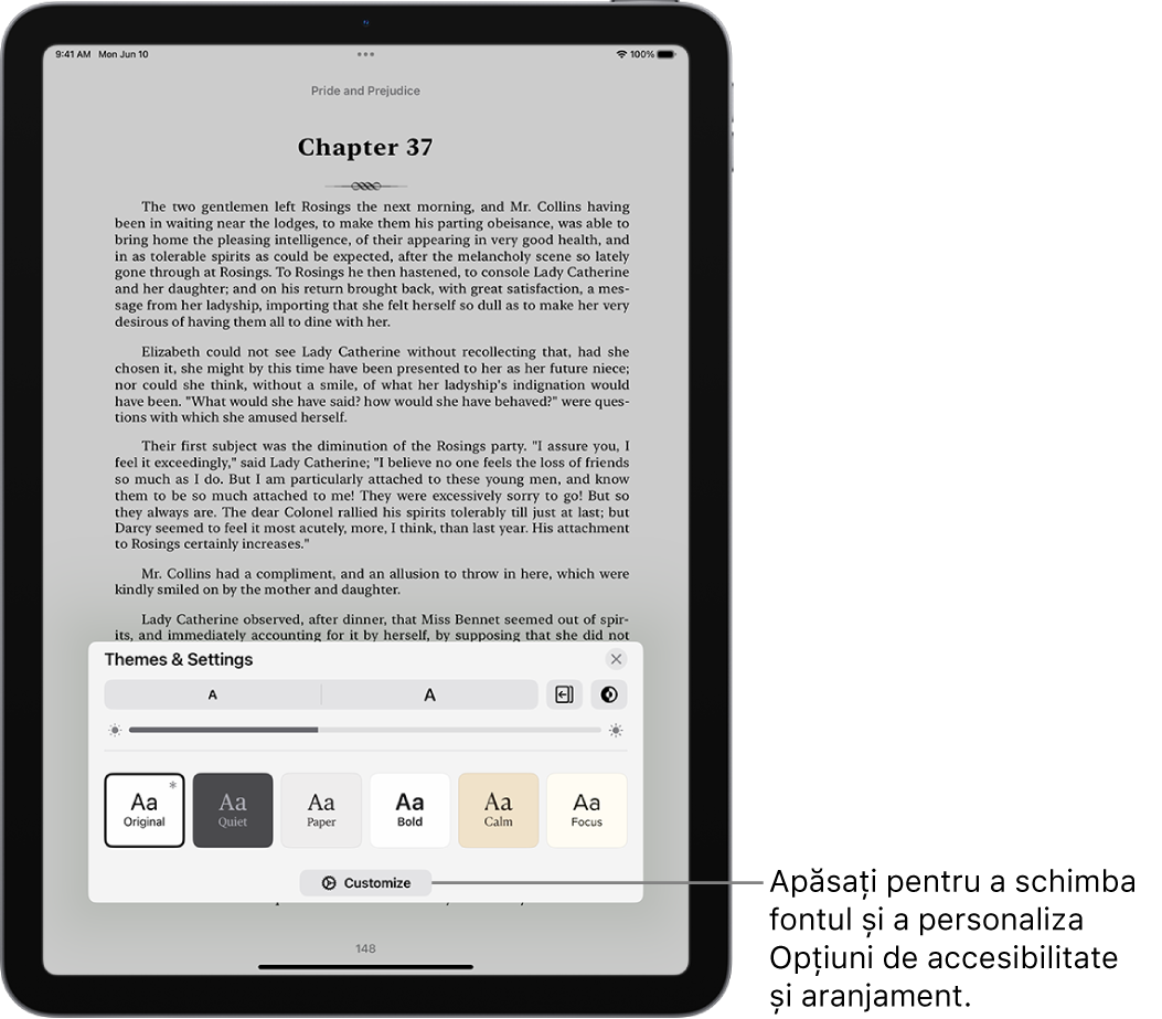 O pagină dintr-o carte în aplicația Cărți. Opțiunile Teme și Configurări afișează comenzi pentru dimensiunea fontului, afișarea derulabilă, stilul de întoarcere a paginilor, luminozitate și stilurile de font.