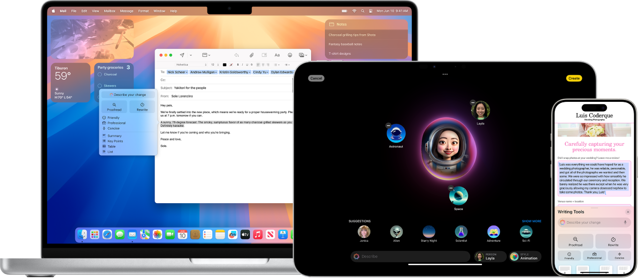 Funcționalitățile Apple Intelligence afișate pe un Mac, un iPad și un iPhone.