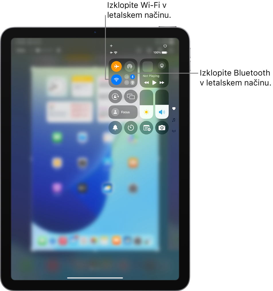 Funkcija Nadzorno središče v iPadu prikazuje vklopljen Letalski način. Gumbi za izklop povezave Wi-Fi in povezave Bluetooth so v zgornjem levem kotu funkcije Nadzorno središče. Tapnite ikono Bluetooth, da izklopite Bluetooth v letalskem načinu. Tapnite ikono Wi-Fi, da izklopite Wi-Fi v letalskem načinu.