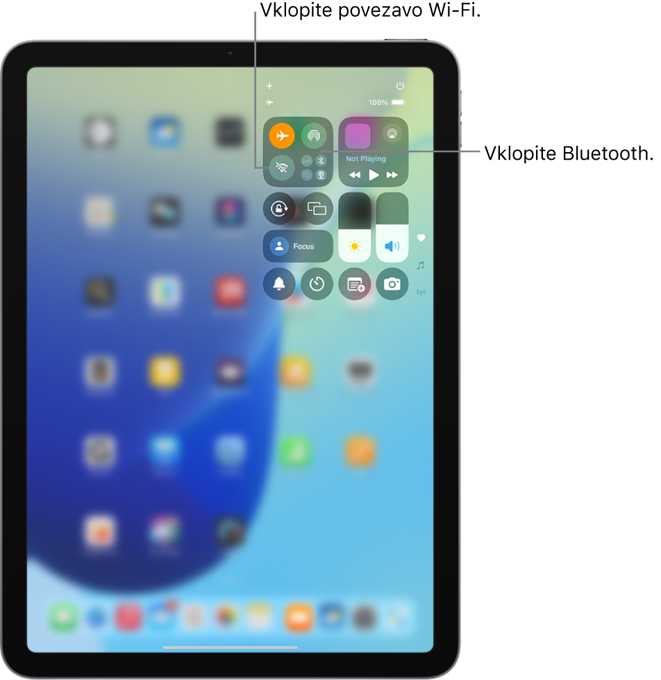 Funkcija Nadzorno središče v iPadu prikazuje vklopljen Letalski način. Gumbi za vklop povezave Wi-Fi in povezave Bluetooth so v zgornjem levem kotu funkcije Nadzorno središče.