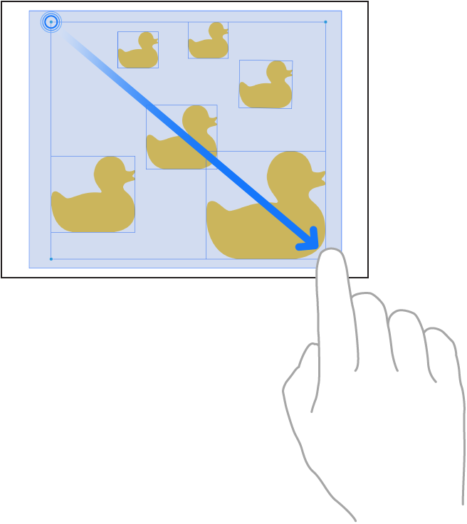 Ilustracija, ki prikazuje vlečenje prsta za izbiro elementov v aplikaciji Freeform.