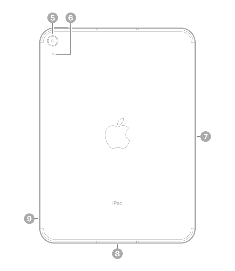 Pogled od zadaj na iPad z oblački zadnje kamere in mikrofona zgoraj levo, priključkom Smart Connector na desni strani, priključkom USB-C spodaj na sredini in pladnjem za SIM (modeli Wi-Fi in mobilni podatki) spodaj levo .