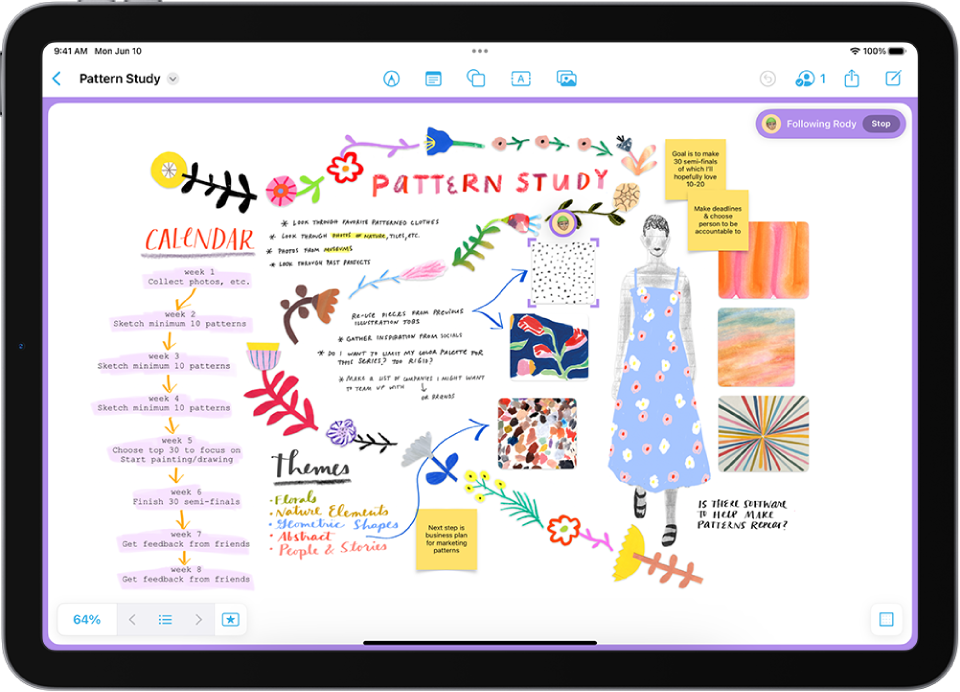 แอป Freeform ที่แสดงบุคคลที่กำลังถูกตามดู พร้อมมุมมอง รูปประจำตัว และรายการที่พวกเขาเลือกไว้ซึ่งจะแสดงเป็นสีม่วง