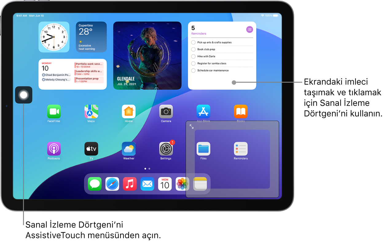 Ekranın köşesinde görüntülenen bir sanal izleme dörtgeni ile bir iPad. Ekranda AssistiveTouch menüsü (izleme dörtgenini açmak için kullanılan) ve bir imleç de (izleme dörtgeni tarafından denetlenen) var.