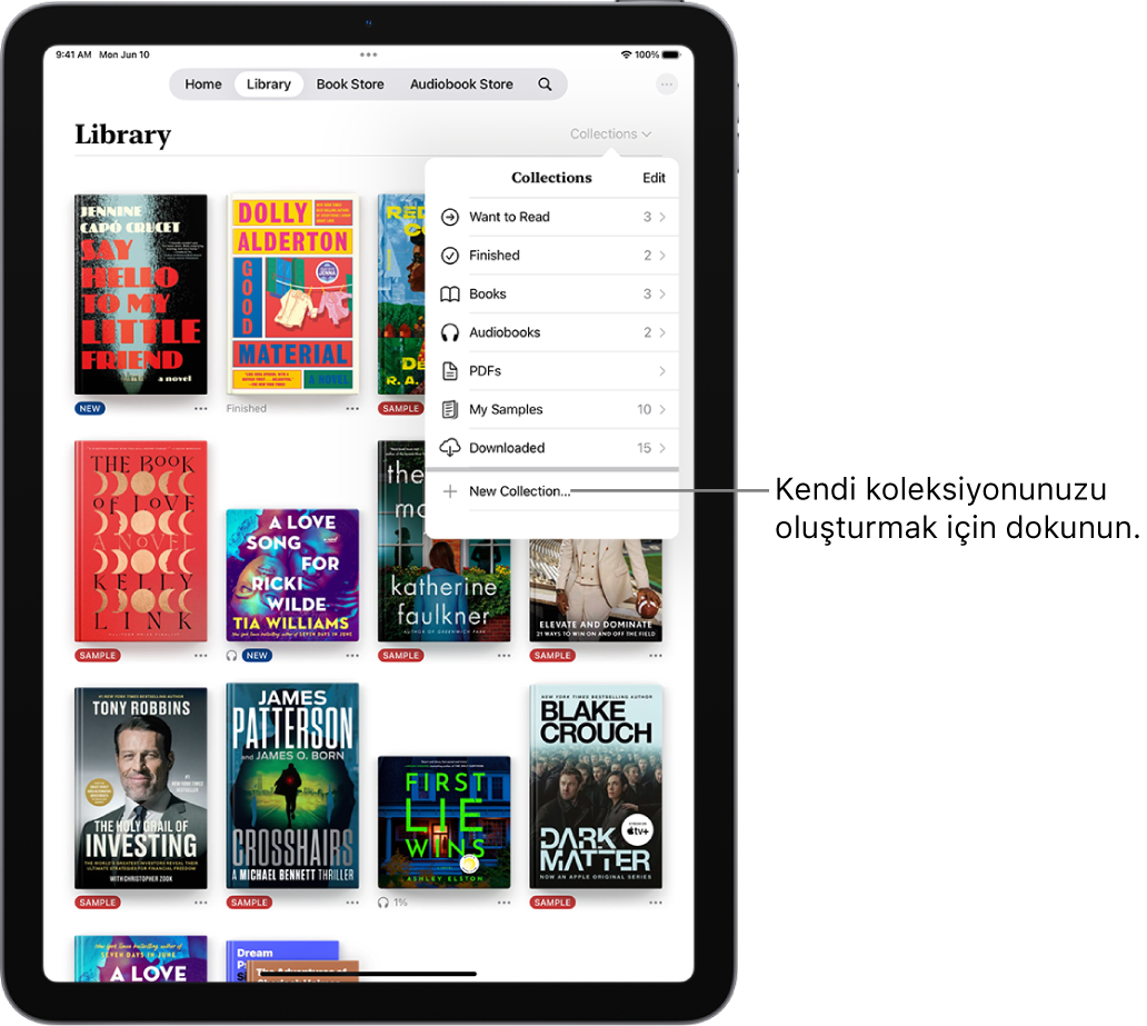Kitaplar uygulamasında Kitaplık ekranı. Ekranın en üstünde Koleksiyonlar menüsü açık ve Sesli Kitaplar ve PDF’ler gibi seçenekler gösteriliyor.
