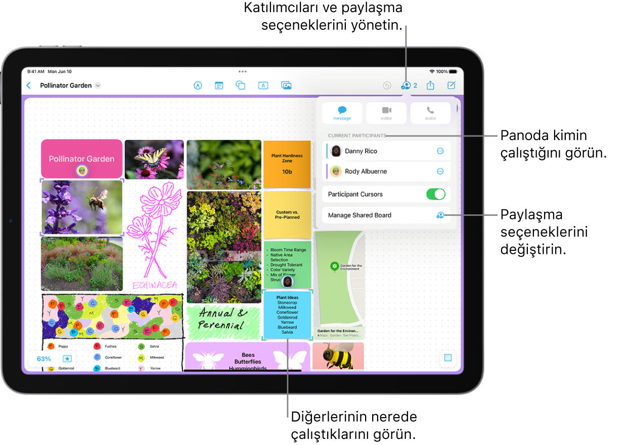 iPad’de ortak çalışma menüsü açık durumda, paylaşılan bir Freeform panosu ve mor onay işaretleri ile işaretlenmiş panoda başka bir katılımcının konumu.