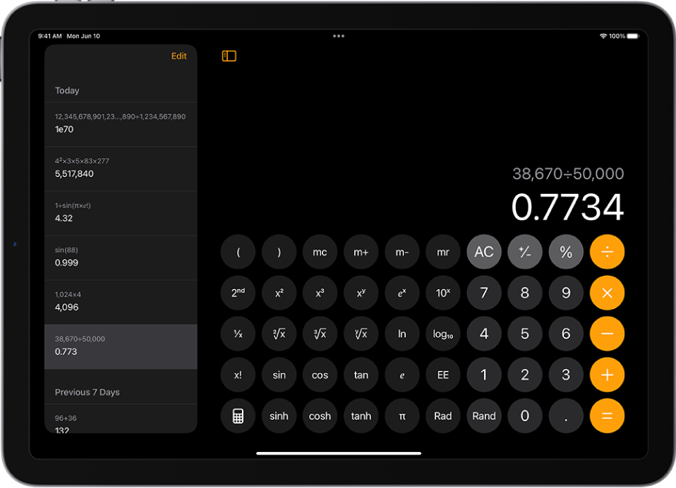 iPad’de hesaplama geçmişi.
