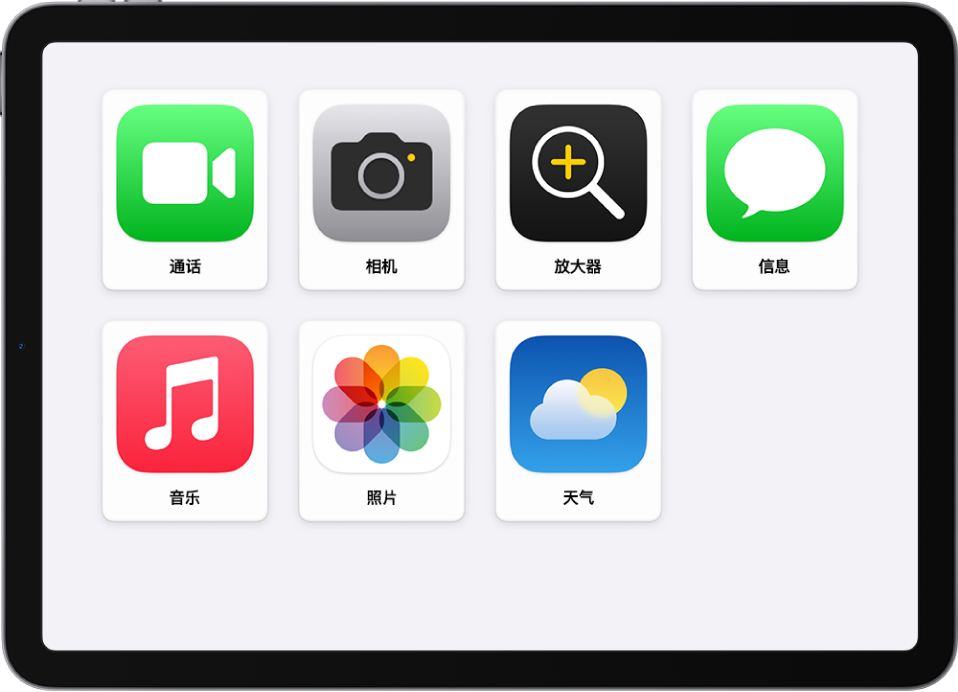 iPad 显示辅助访问主屏幕带有大网格排列的 App。