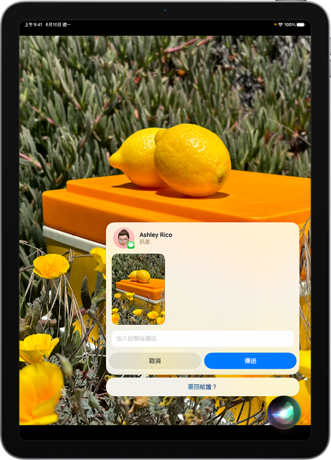 iPad 畫面的右下角顯示 Siri 正在聆聽 App，其上方顯示 Siri 已準備好送出的文字訊息回應。