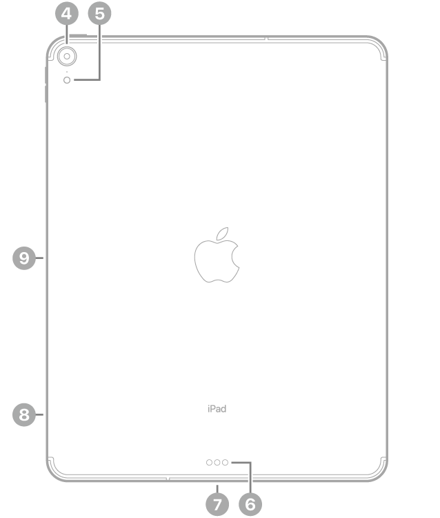 iPad Pro 背面的說明文字表示左上角的後置相機和閃光燈，底部中央有聰穎接點和 USB-C 連接器，左下角是 SIM 卡托盤（Wi-Fi + 行動網路），以及左側的 Apple Pencil 的磁鐵吸附處。