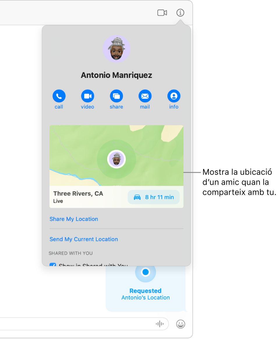 La vista d’informació, que apareix després de fer clic al botó d’informació en una conversa, mostrant la icona d’una persona que ha compartit la seva ubicació amb tu, un mapa i l’adreça de la seva ubicació.