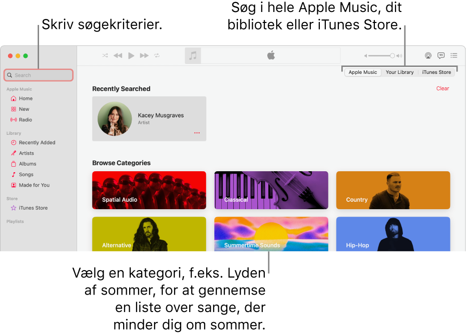 Vinduet Apple Music viser søgefeltet i øverste venstre hjørne, listen med kategorier i midten af vinduet og Apple Music, Dit bibliotek og iTunes Store, der er tilgængelige i øverste højre hjørne. Skriv søgekriterier i søgefeltet, og vælg derefter, om du vil søge i hele Apple Music, kun dit bibliotek eller i iTunes Store.