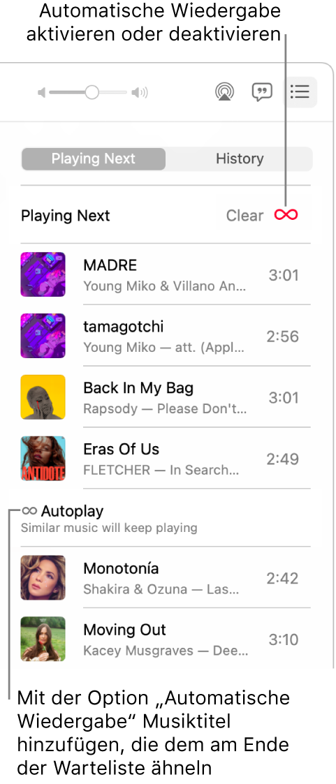 Die Liste „Nächster Titel“. Klicke auf die Taste „Automatisch wiedergeben“, um sie zu aktivieren oder deaktivieren. Wenn „Automatisch wiedergeben“ aktiviert ist, werden am Ende der Liste ähnliche Titel hinzugefügt.