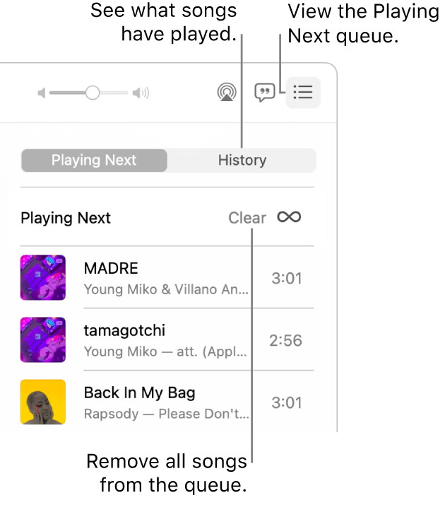 The Playing Next button at the top-right corner of Apple Music is selected and the queue is visible. Click the History link to show the previously played songs. Click the Clear link to remove all songs from the queue.