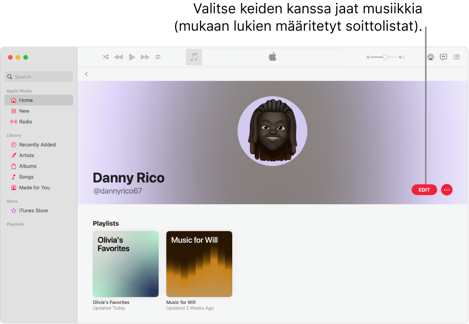 Profiilisivu Apple Musicissa: valitse, ketkä voivat seurata sinua, klikkaamalla ikkunan oikeassa reunassa Muokkaa. Jaa musiikkiasi klikkaamalla Lisää-painiketta Muokkaa-kohdan oikealla puolella.