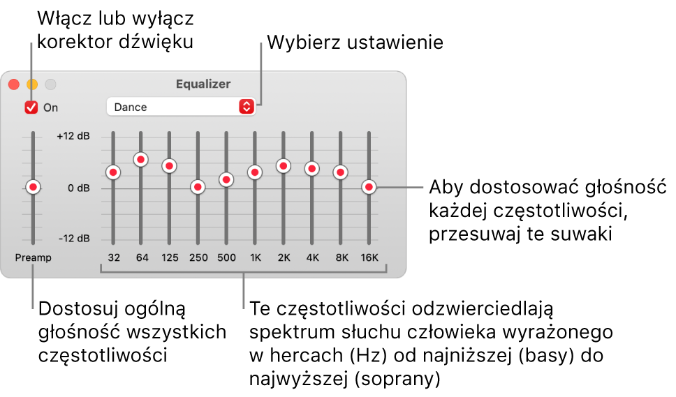 Okno korektora dźwięku: Pole wyboru pozwalające włączyć korektor dźwięku w Muzyce znajduje się w lewym górnym rogu okna. Obok niego znajduje się menu podręczne ze zdefiniowanymi ustawieniami. Po lewej stronie okna można korygować całkowitą głośność zakresów częstotliwości za pomocą przedwzmacniacza. Pod ustawieniami korektora dźwięku można korygować poziom dźwięku różnych zakresów częstotliwości reprezentujących spektrum ludzkiego słuchu od najniższego do najwyższego.