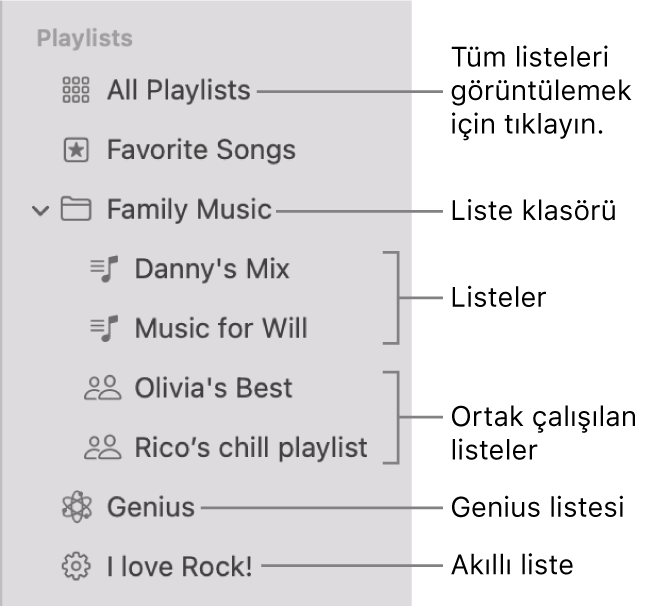 Çeşitli liste türlerini gösteren Müzik kenar çubuğu: Favori Parçalar, Genius Listesi, Akıllı Liste ve listeler. Tümünü görüntülemek için Tüm Listeler’i tıklayın.