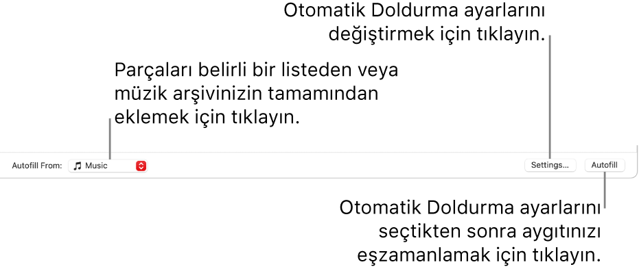 Müzik penceresinin alt kısmındaki Otomatik Doldurma seçenekleri. En solda, parçaları listeden veya tüm arşivinizden ekleme seçeneklerini bulabileceğiniz Şunu Kullanarak Otomatik Doldur açılır menüsü bulunur. En sağda, çeşitli Otomatik Doldur seçeneklerini değiştirebileceğiniz Ayarlar ile Otomatik Doldur adlı iki düğme var. Otomatik Doldur’u tıkladığınızda, aygıtınız ölçüte uyan parçalarla doldurulur.