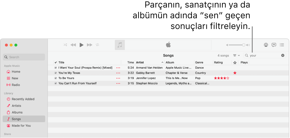 Sağ üst köşedeki filtre alanına “senin” girildiğinde görünen parça listesinin gösterildiği Apple Music penceresi. Listedeki parçaların adında, sanatçı adında veya albüm adında “senin” sözcüğü bulunmaktadır.