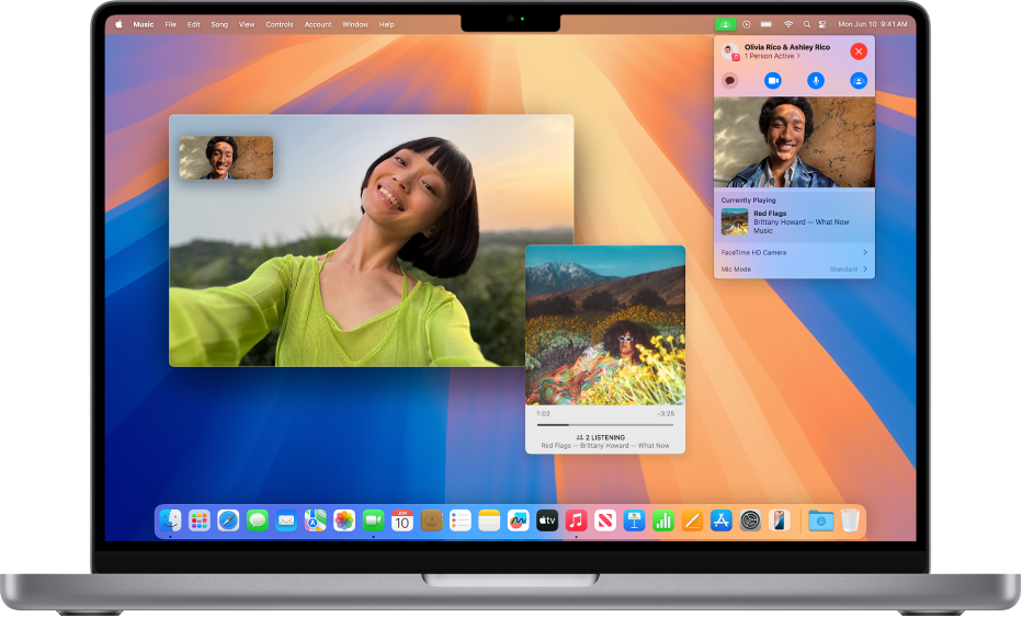 FaceTime 通话窗口显示通话参与者通过同播共享一起聆听专辑。