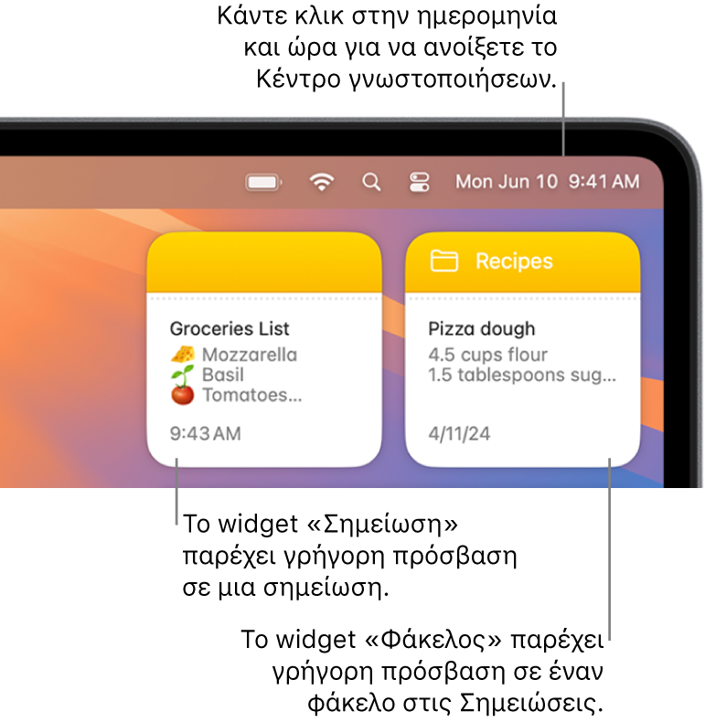 Δύο widgets Σημειώσεων: το widget «Φάκελος» εμφανίζει έναν φάκελο στις Σημειώσεις και το widget «Σημείωση» εμφανίζει μια σημείωση. Κάντε κλικ στην ημερομηνία και ώρα στη γραμμή μενού για άνοιγμα του Κέντρου γνωστοποιήσεων.