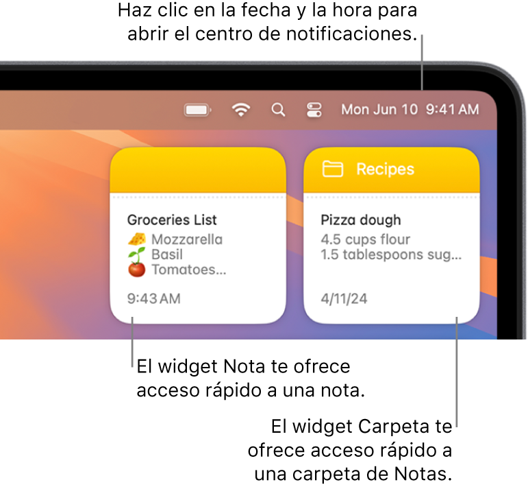 Dos widgets de Notas: el widget Carpeta muestra una carpeta en Notas y el widget Nota muestra una nota. Haz clic en la fecha y la hora de la barra de menús para abrir el centro de notificaciones.