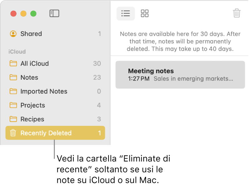 La finestra di Note con la cartella “Eliminate di recente” visualizzata nella barra laterale che contiene una nota eliminata da poco. Puoi visualizzare la cartella “Eliminate di recente” soltanto se utilizzi le note di iCloud o le note sul Mac.