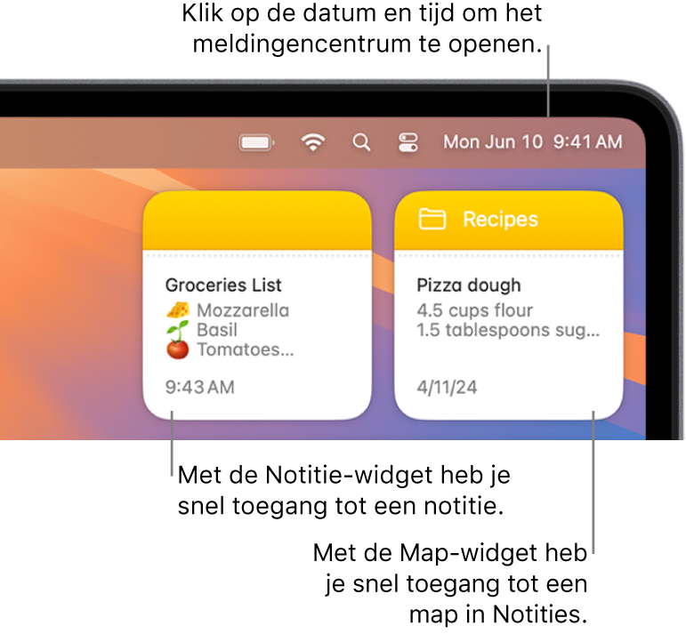 Twee Notities-widgets: de Map-widget met een map in Notities en de Notitie-widget met een notitie. Klik op de datum en tijd in de menubalk om het meldingencentrum te openen.