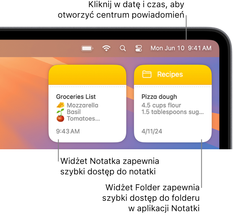 Dwa widżety Notatek — widżet Folder pokazuje folder w Notatkach, natomiast widżet Notatka pokazuje notatkę. Kliknij w datę i godzinę na pasku menu, aby otworzyć centrum powiadomień.