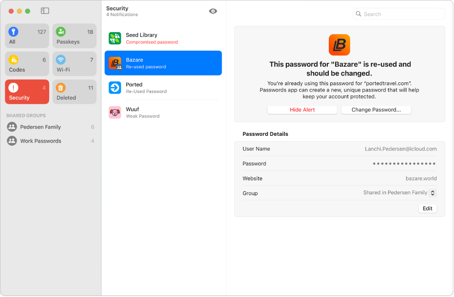 The main screen for the Passwords app, showing the types of passwords in the sidebar on the left (with Security selected), a list of password accounts with potential security concerns in the middle (with Bazare selected), and the details of the Bazare account security concern on the right.