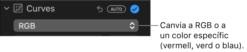 Els controls de corbes del tauler “Ajusta”, amb l’opció “RGB” seleccionada al menú desplegable.