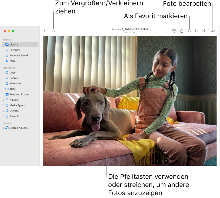 Das Fenster „Fotos“ mit einem vergrößert dargestellten Foto rechts. Die Symbolleiste oben umfasst den Zoomregler und die Tasten „Favorit“ und „Bearbeiten“.