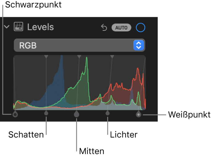 Die Steuerungen „Tonwerte“ im Bereich „Anpassen“ mit dem RGB-Histogramm und Aktivpunkten unten, zu denen (von links nach rechts) Schwarzpunkt, Schatten, Mitteltöne, Glanzlichter und Weißpunkt gehören.