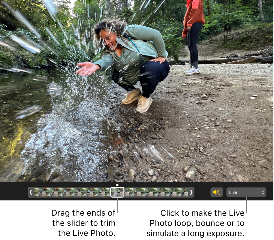 A Live Photo in editing view with a slider beneath it showing the frames of the photo. To the right of the slider are the Speaker button and a pop-up menu you can use to add a loop, bounce or long exposure effect.