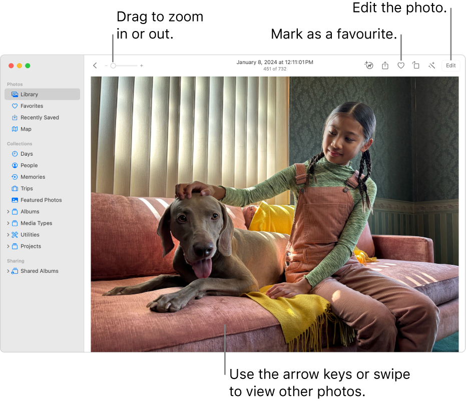 The Photos window showing an enlarged photo on the right. The toolbar at the top includes the Zoom slider, Favourite button and Edit button.