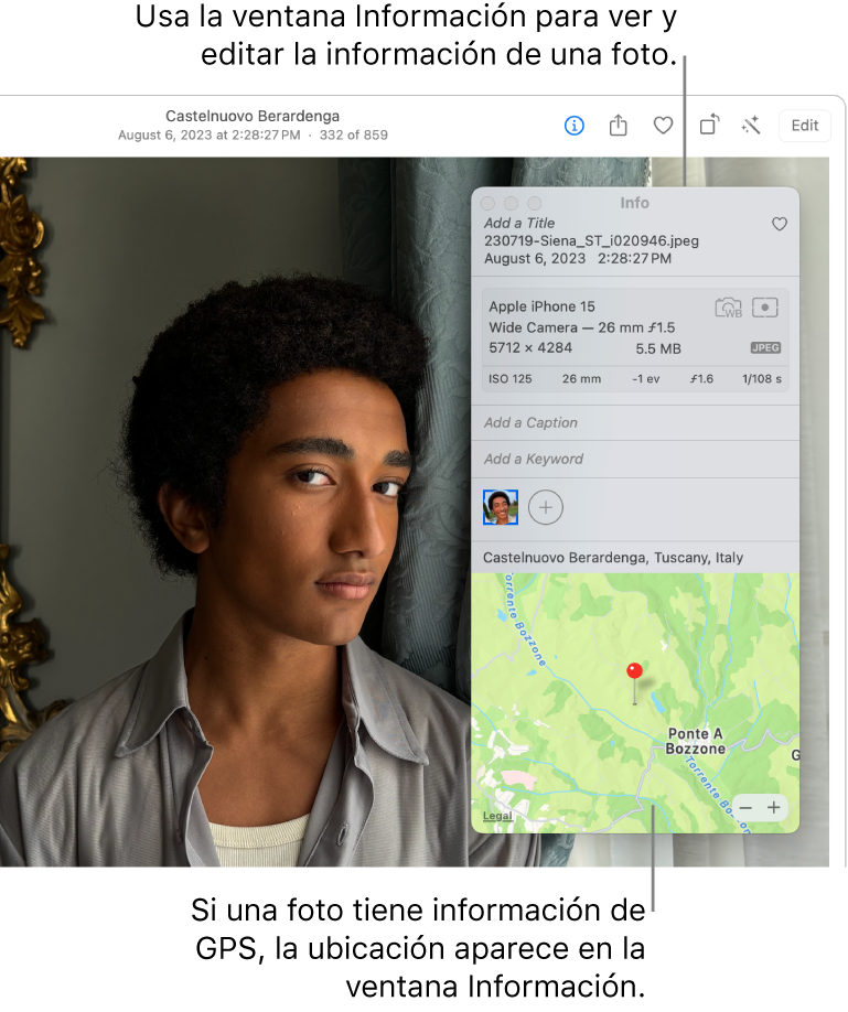 Una foto abierta en la app Fotos, con su información.