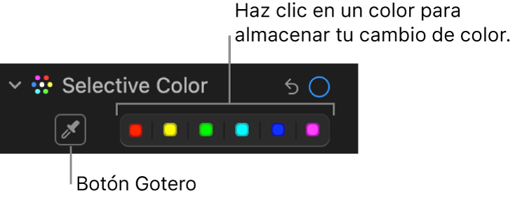 En los controles de “Color selectivo” del panel Ajustar, que muestra el botón del cuentagotas y paletas de colores.