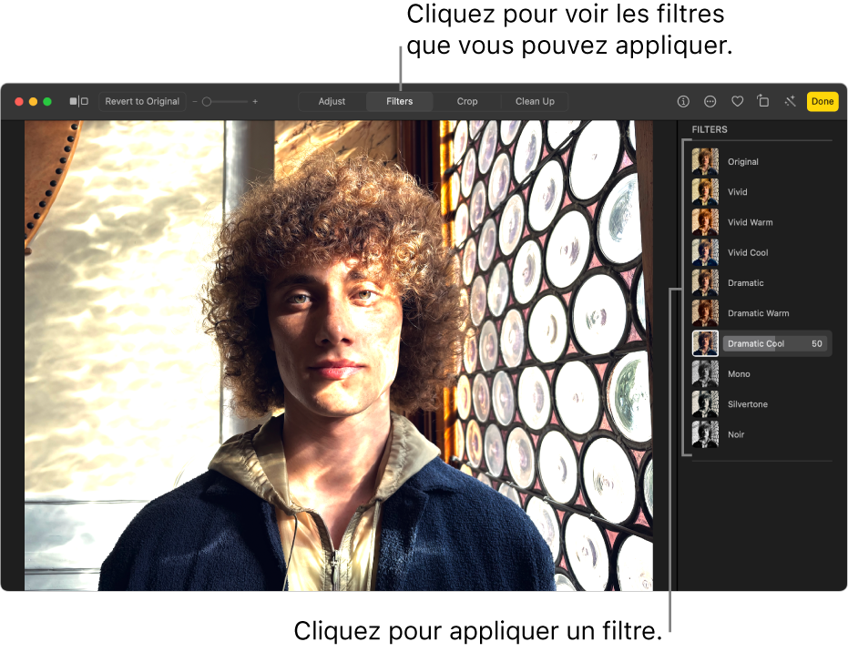 La photo en mode édition, affichant Filtres sélectionné dans la barre d’outils et des options de filtre sur la droite.