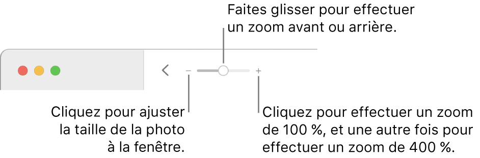 La barre d’outils affichant les commandes Réduire/agrandir.