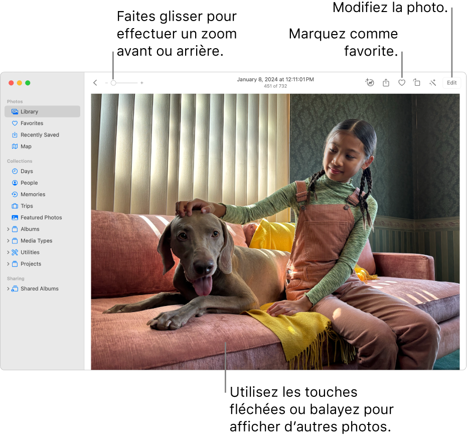 La fenêtre Photos affichant une photo élargie sur la droite. La barre d’outils en haut inclut le curseur Zoom, le bouton Favori et le bouton Modifier.