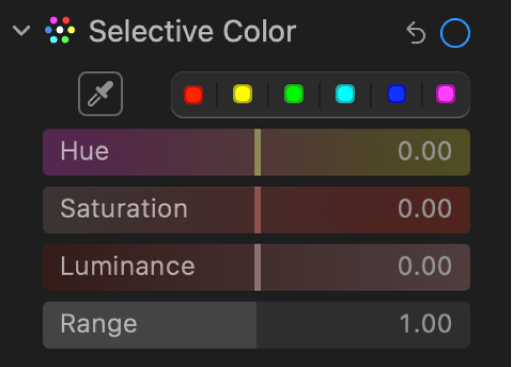 Les commandes « Couleur sélective » dans la sous-fenêtre Ajuster, présentant les curseurs Teinte, Saturation, Luminance et Plage.