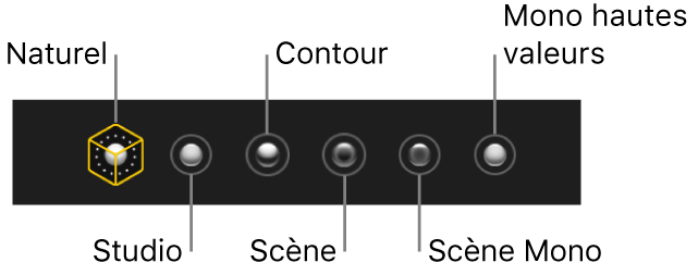 Les effets d’éclairage du mode Portrait, dont (de gauche à droite) Naturel, Studio, Contour, Scène, « Scène mono » et « Mono hautes valeurs ».