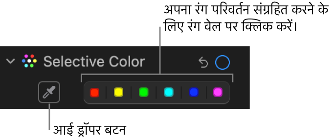 आईड्रॉपर बटन और कलर वेल दिखाता हुआ चयनित रंग नियंत्रण जो ऐडजस्ट करें पेन में है।