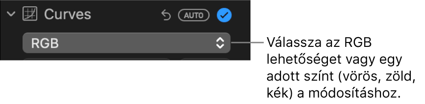 A görbék vezérlői a Beállítás panelen, a kiválasztott RGB elemmel a felugró menüben.
