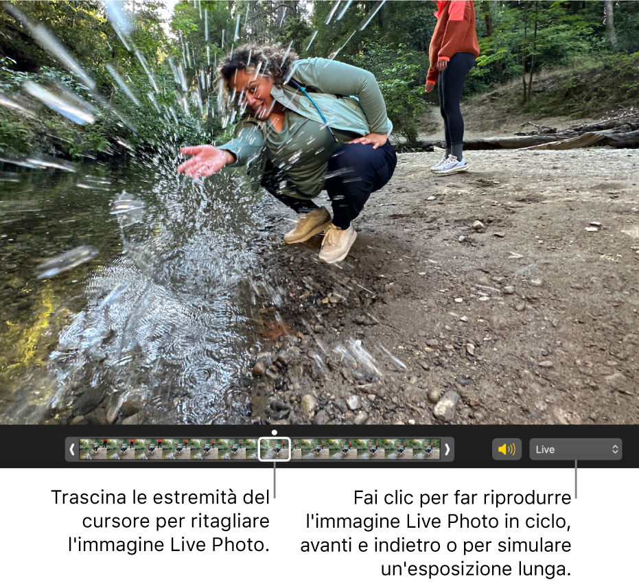 Una Live Photo nella vista di modifica e un cursore sotto di essa con i fotogrammi della foto. A destra del cursore si trovano il pulsante Altoparlante e il menu a comparsa che puoi utilizzare per aggiungere gli effetti Loop, Rimbalzo o “Esposizione lunga”.