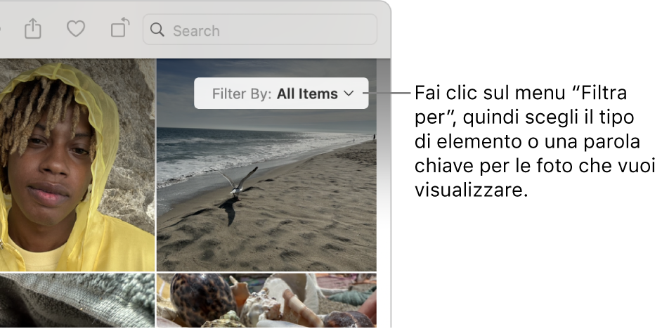 Il menu a comparsa “Filtra per” impostato per visualizzare tutti gli elementi.